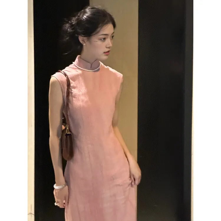 画报夫人原创粉色晕染国风改良修身新中式无袖长款旗袍收腰长裙夏