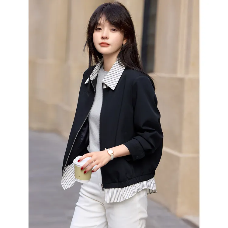 沫晗依美条纹拼接工装风外套2025春季新款时尚休闲短款长袖外套女