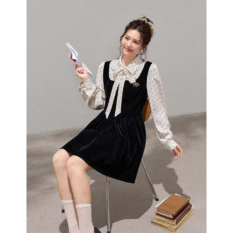 miu系富家千金连衣裙小香风波点假两件丝绒收腰小黑裙D3812