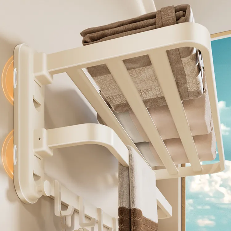 吸盘折叠浴巾架卫生间免打孔奶油风厕所挂架浴室置物架收纳毛巾架
