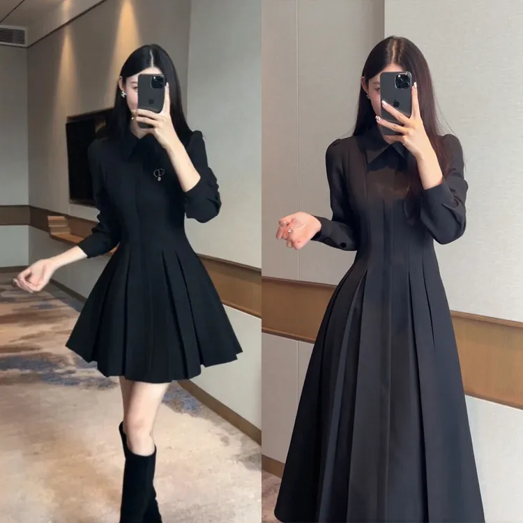 法式赫本风黑色Polo领连衣裙女秋季新款高级感气质收腰显瘦长裙子