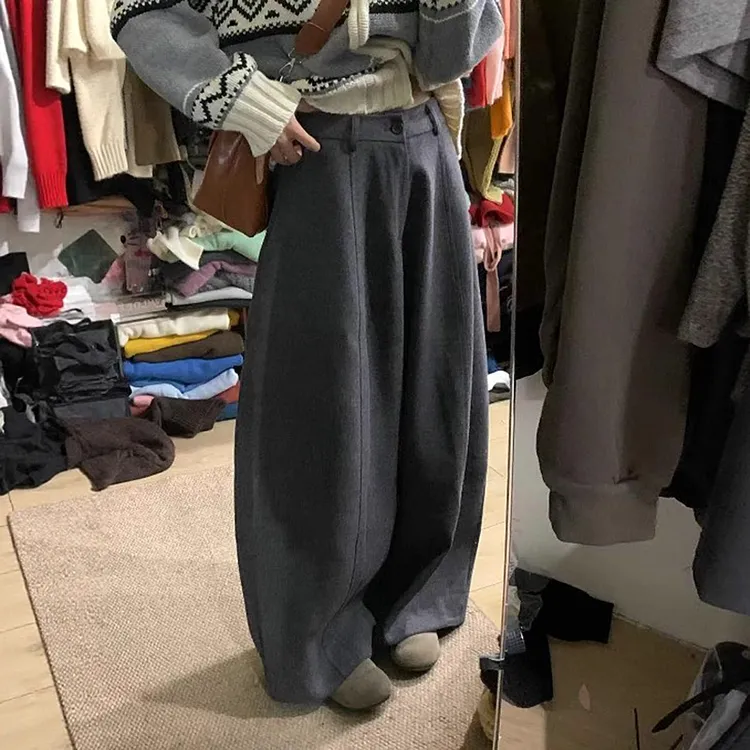 韩系简约灰色高腰毛呢弯刀裤女秋冬慵懒宽松显瘦休闲阔腿气球长裤
