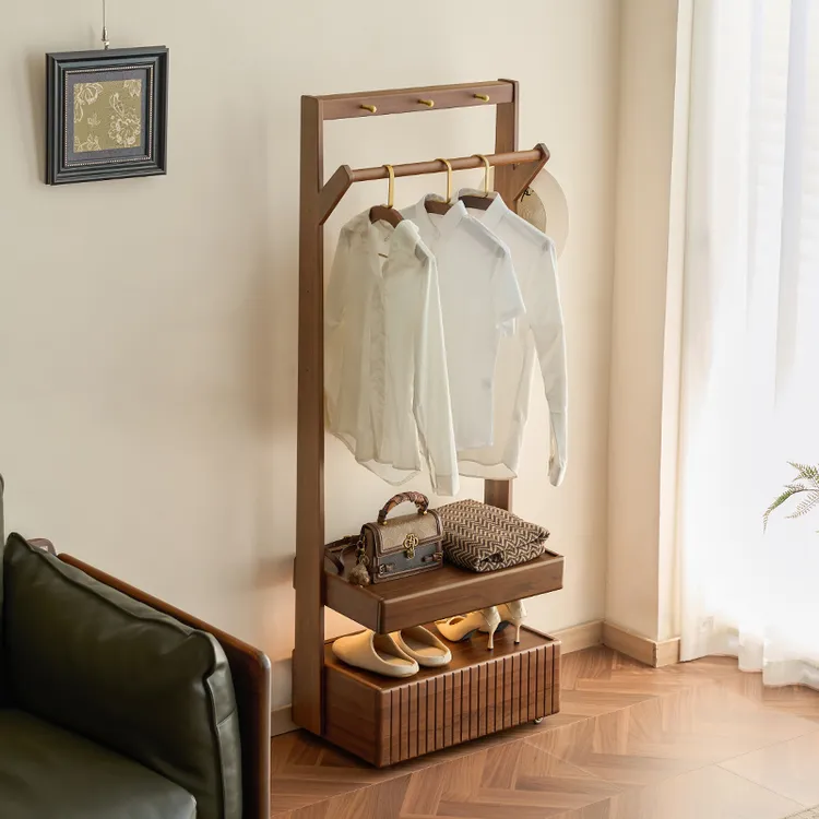 苏作集进口缅甸柚木云岫衣帽架家用客厅简约衣服架卧室简易移动