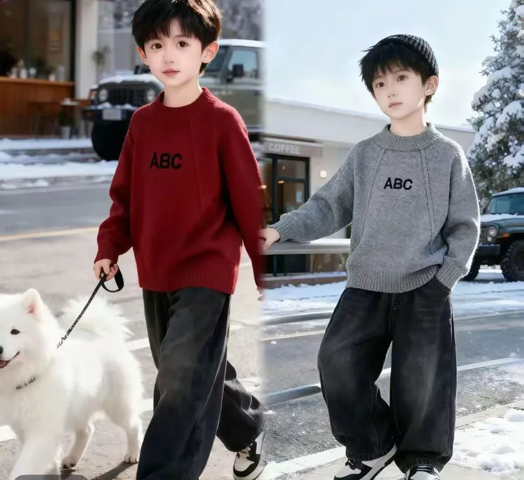 一体绒男童毛衣2025冬季新款加厚加绒刺绣洋气百搭套头针织打底衫
