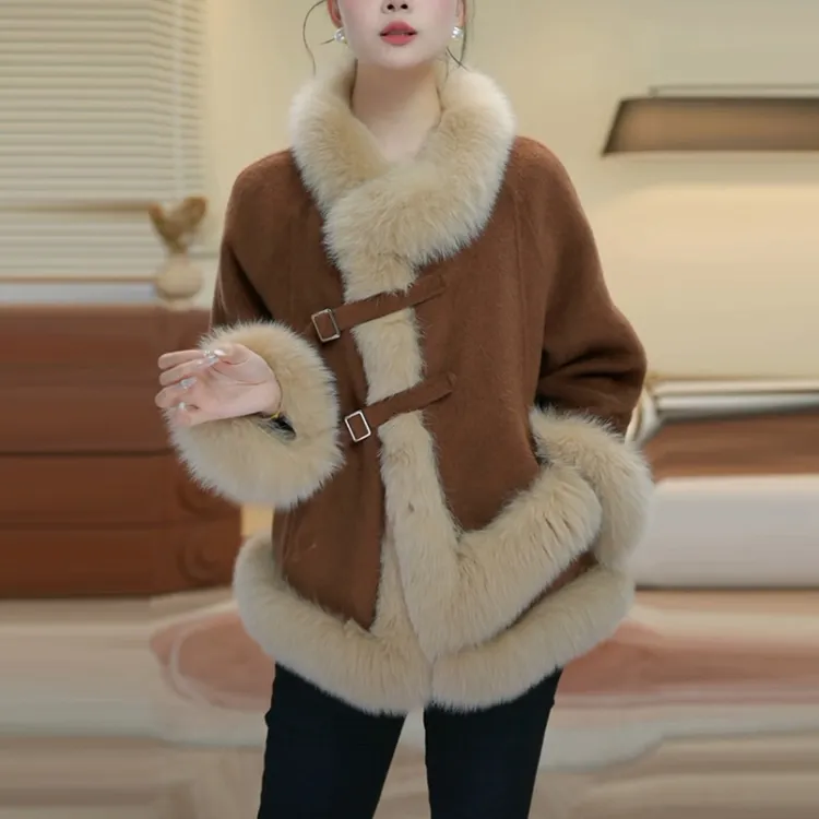 夹棉加厚保暖短款毛呢外套女2025冬季新款时尚轻奢纯色大毛领上衣