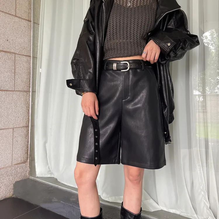 KIKI严选：2355-1-N家南油欧货五分裤酷飒皮裤洋气百搭休闲裤子