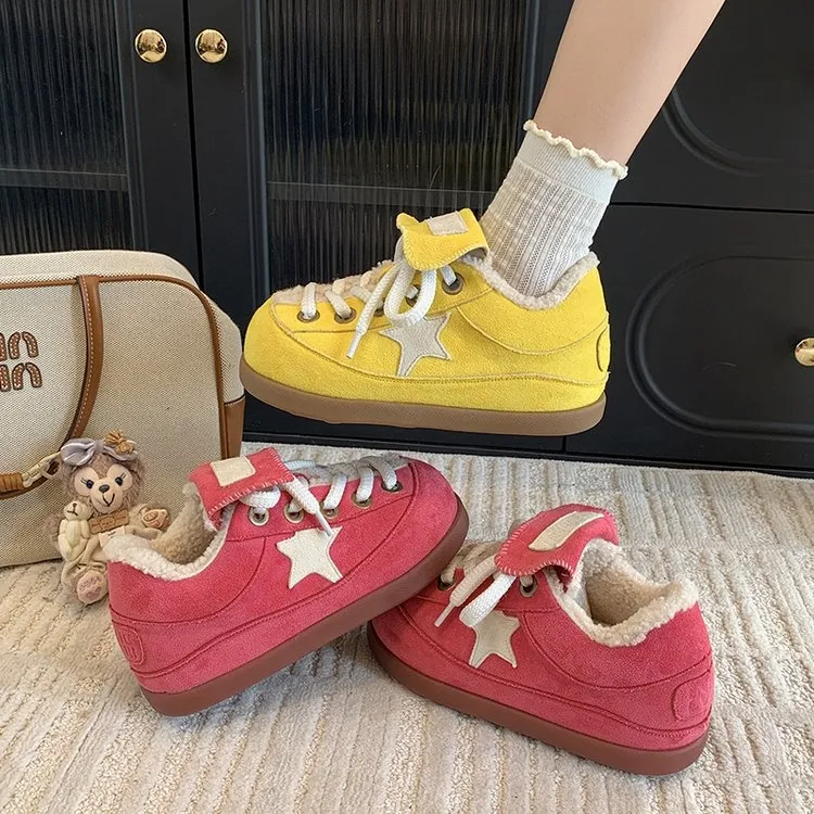 磨砂耐磨拼接星星系带翻领加厚面包鞋休闲鞋冬季女鞋毛毛鞋