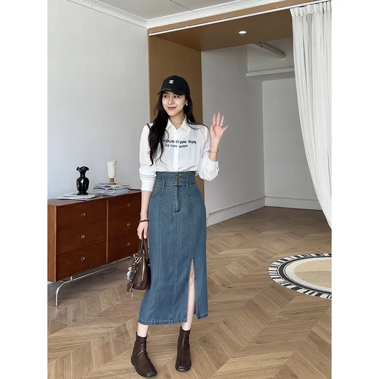 张阿星【牛仔雅调】薄款气质白衬衫+弹力高腰牛仔半裙   W425A11980