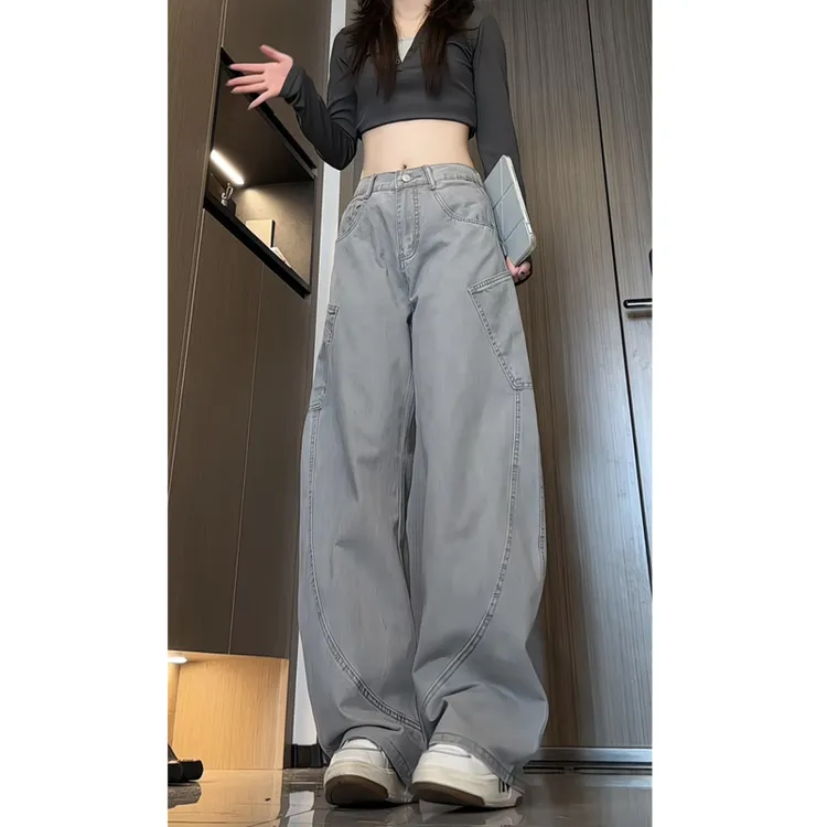 秋季新款美式高街复古侧口袋工装休闲裤女潮流宽松直筒弯刀长裤子