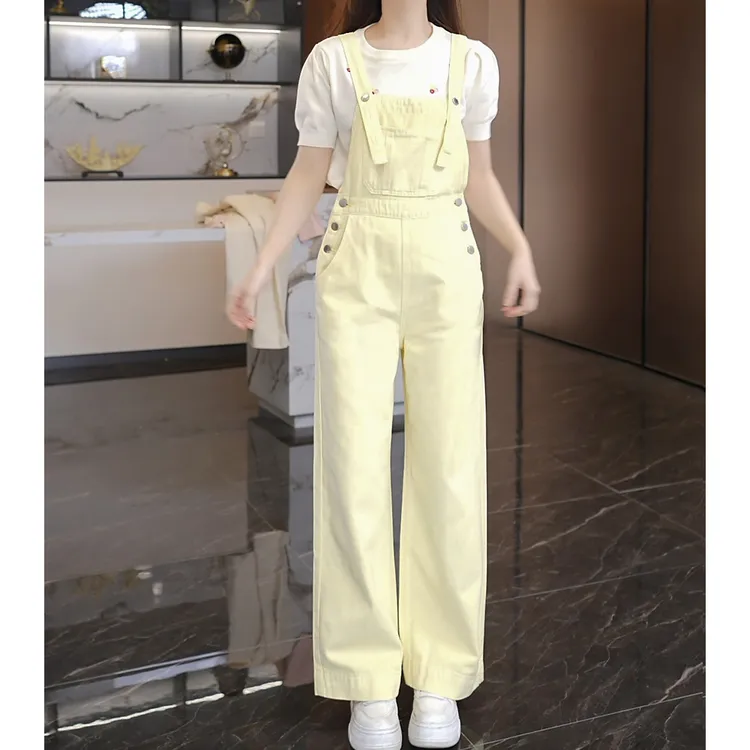 074奶油黄色牛仔背带裤女薄款减龄2025春夏季直筒阔腿裤韩版宽松