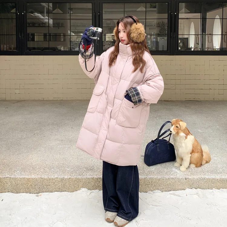 韩版粉色格纹拼接中长款羽绒服女冬季加厚宽松过膝甜美面包服外套