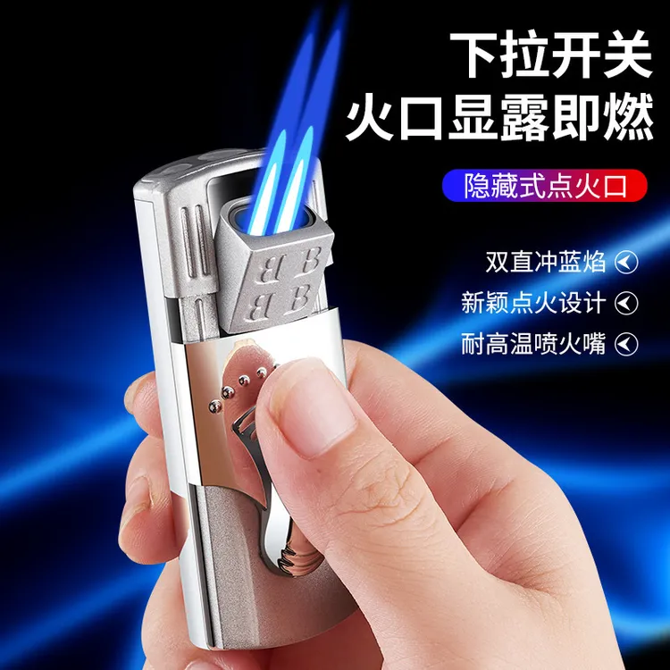 日本新款防风双直冲打火机充气隐藏式新颖点火口方式耐高温喷火器