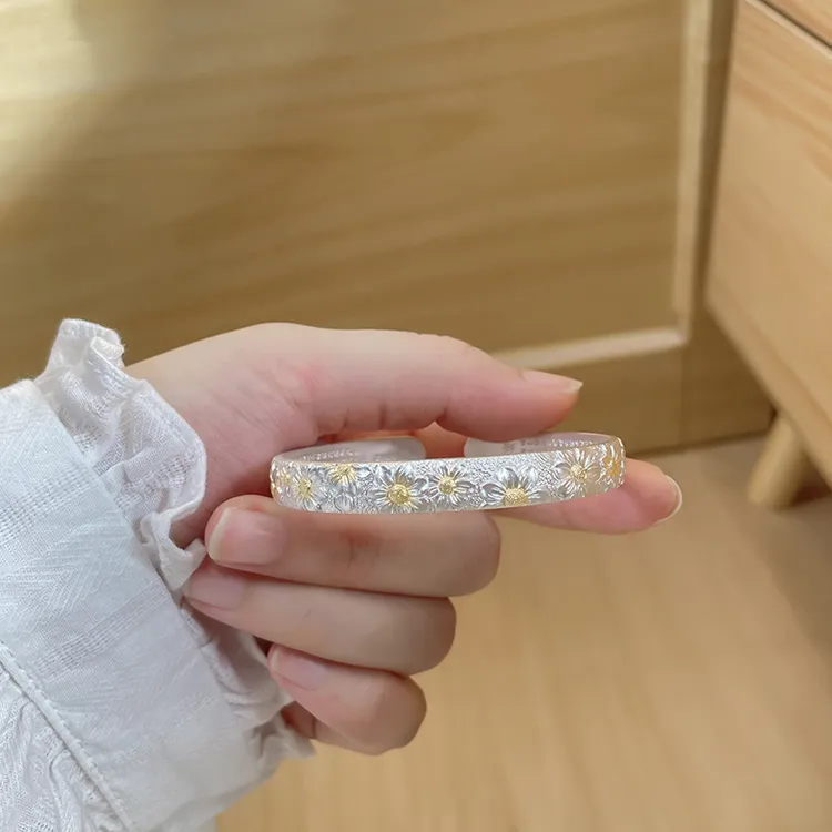 足银珐琅手镯 「小雏菊」足银999.9传承国风古法手工雕刻花朵手镯女