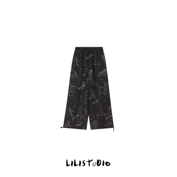 PCNY「魅影雕花」不理理夏季新款小众女装松紧腰裤脚抽绳印花休闲裤