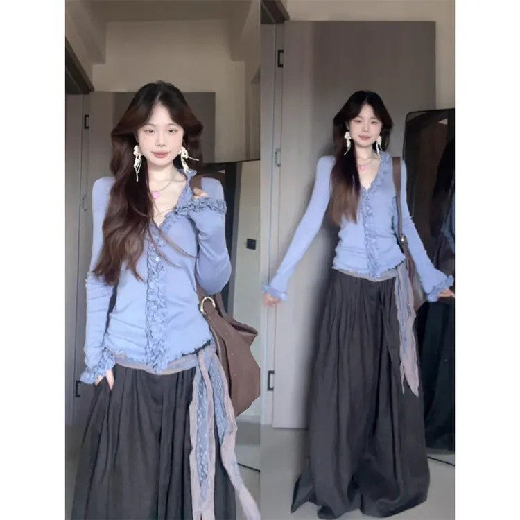 parkyeon设计感荷叶边毛衣开衫女秋季新款高腰阔腿休闲裤两件套