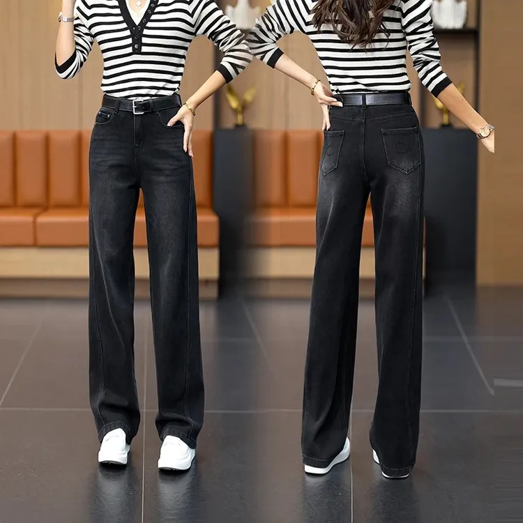 拉夏贝尔黑色窄版阔腿牛仔裤女秋冬2025新款显瘦加绒加厚直筒裤子
