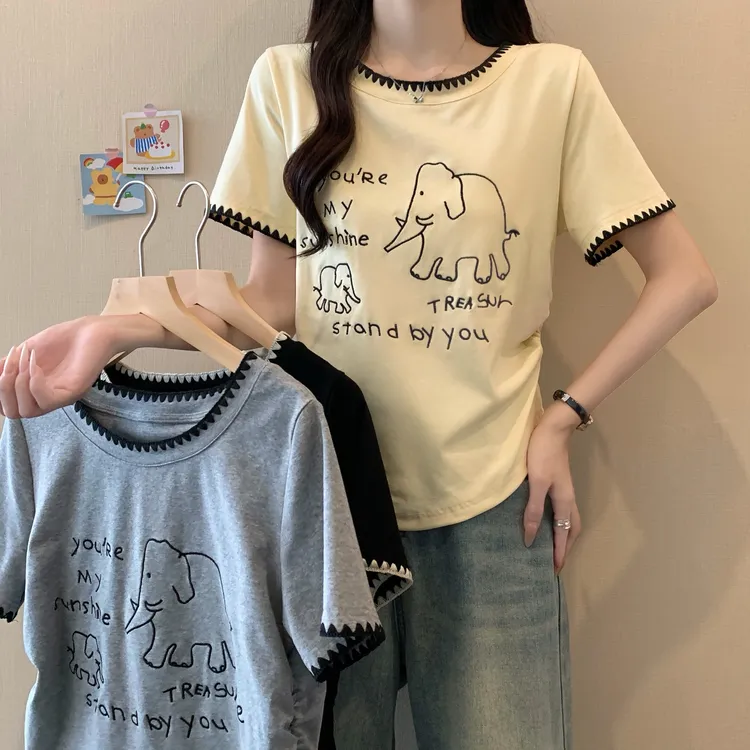 2025年大码女装夏季新款可爱小象刺绣撞色圆领T恤3272