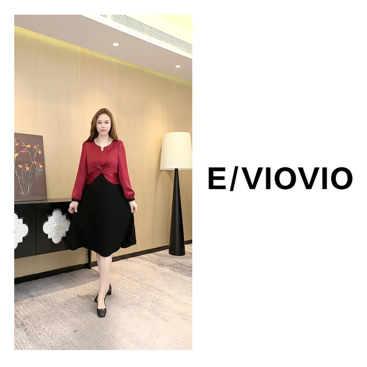 胖大今女装新款气质宽松连衣裙红色拼接长袖连衣裙ZB6205