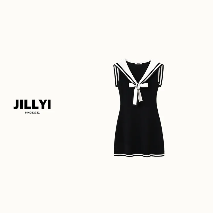 JILLYI【航海日记】黑白拼色海军领无袖夏季收腰气质时尚连衣裙