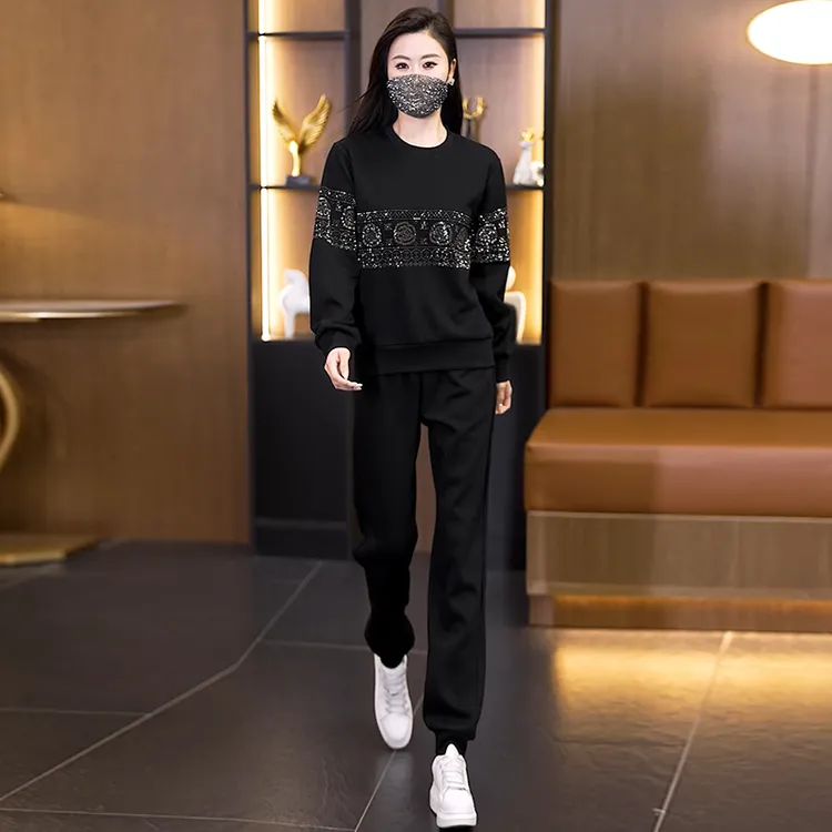 大码女装重工烫钻2025年秋装新款时尚套装显瘦洋气减龄两件套女