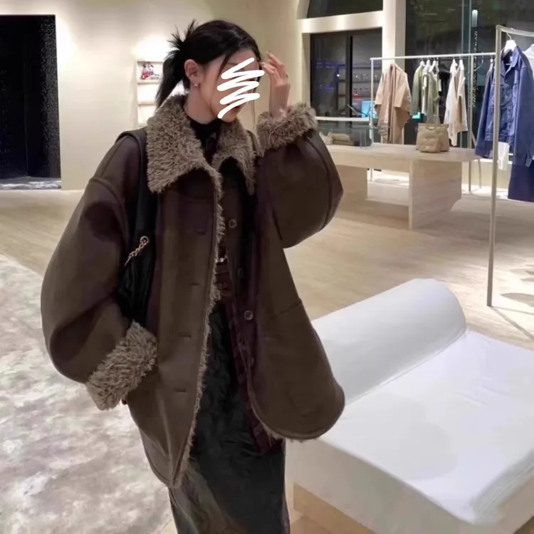 双面穿环保皮毛一体外套女中长款冬季2024款羊羔绒毛加厚复古外套