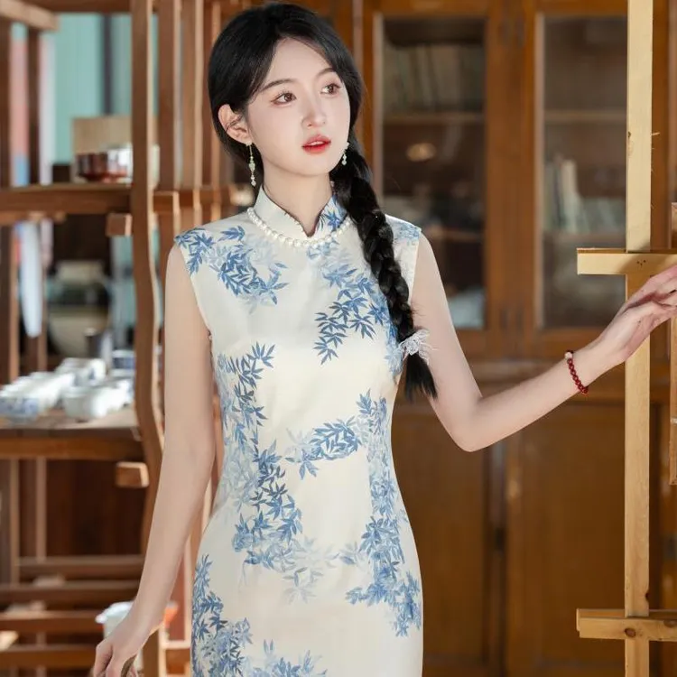 古法中式旗袍改良新款浅蓝色无袖国风少女年轻复古夏季连衣裙