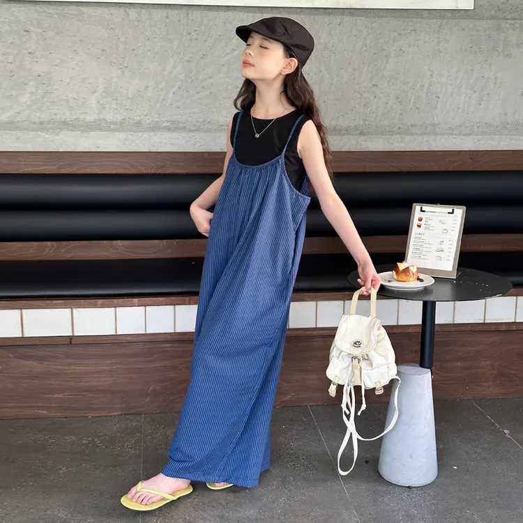 女童背带裤夏季套装薄款2025新款洋气时髦女孩高级感阔腿裤两件套