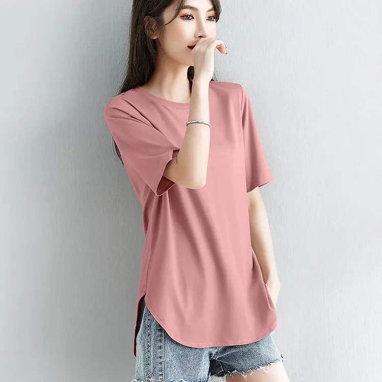dhini纯色宽松莫代尔棉不规则短袖t恤女薄款夏季大码遮屁股设计感