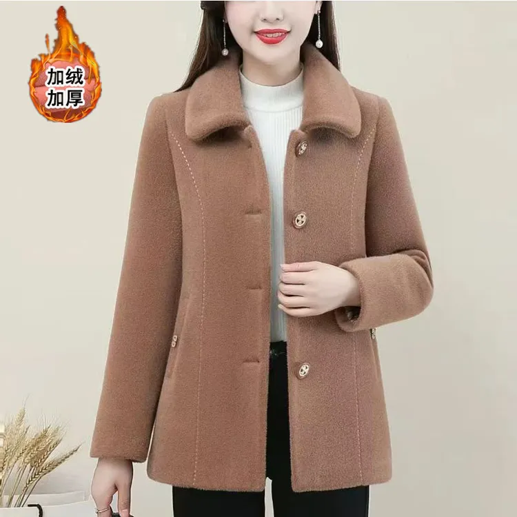 中老年水貂冬季新款2024妈妈毛呢加绒加厚外套洋气大衣上衣妈妈装