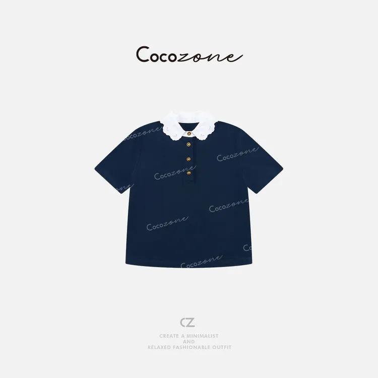 COCO ZONE 刘一一新款撞色蕾丝花边翻领短袖T恤ACD2A0646