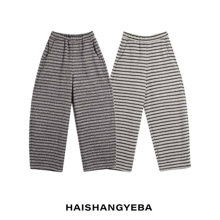 【海上叶爸】新款2025秋冬百搭羊毛松紧腰厚款直筒阔腿条纹休闲裤