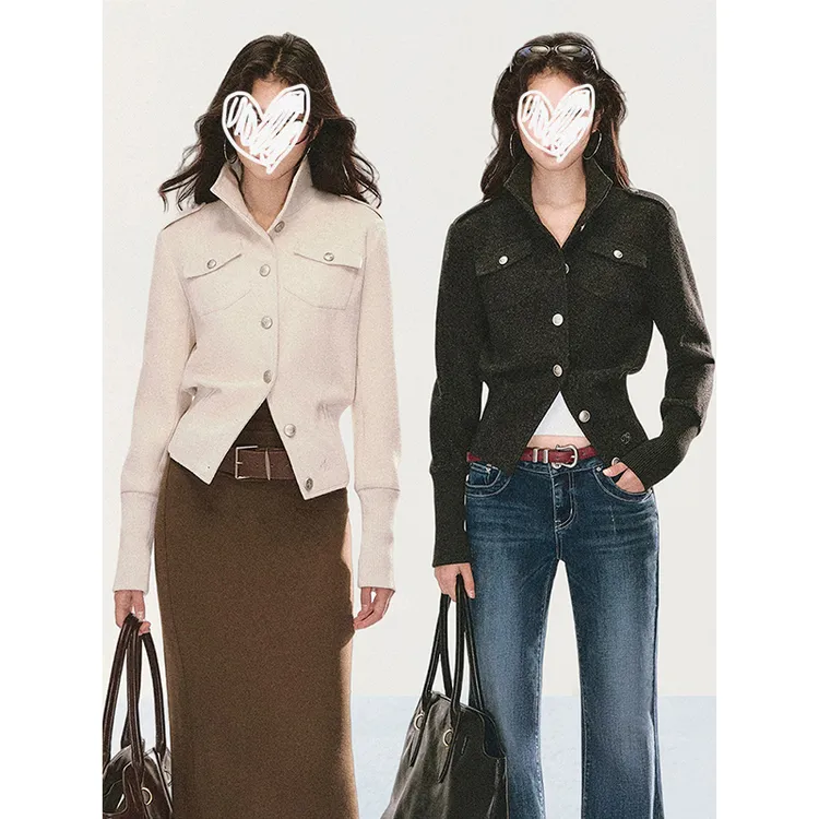 韩版设计感收腰立领外套女显瘦修身夹克复古通勤百搭上衣罗口拼接