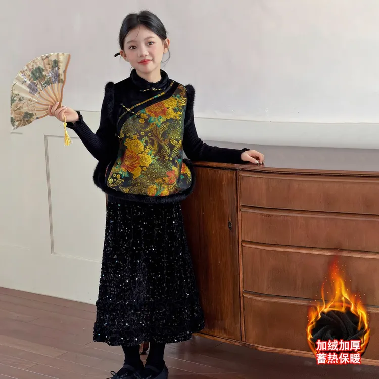 女童喜庆年服套装冬装新中式拜年服中国风旗袍马甲加绒长裙三件套