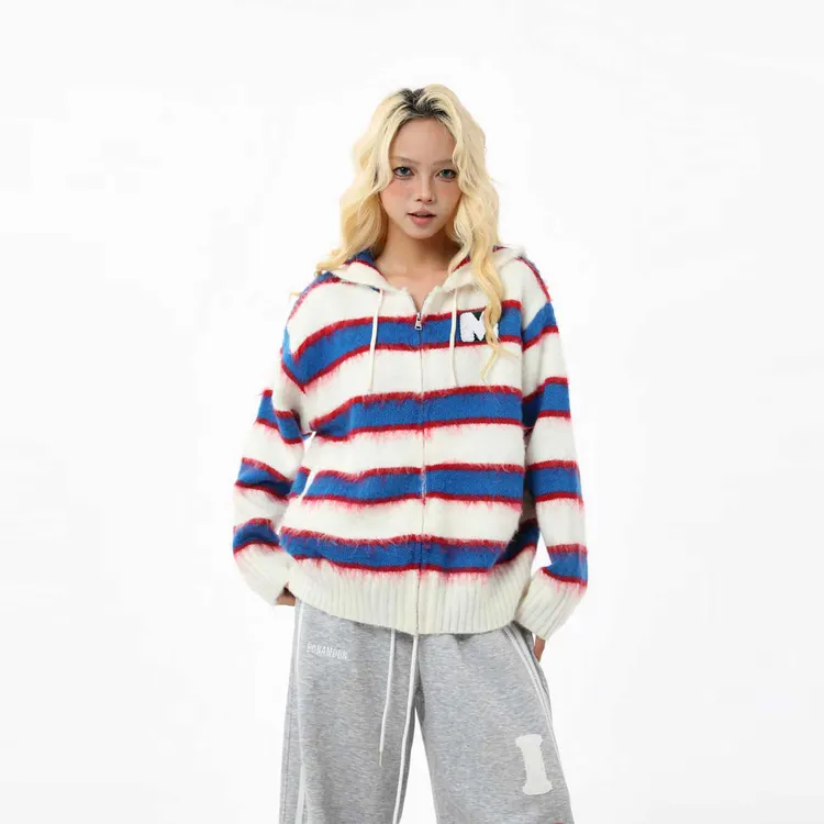 勿著少年条纹慵懒风秋冬毛衣长袖撞色情侣连帽开衫秋季针织
