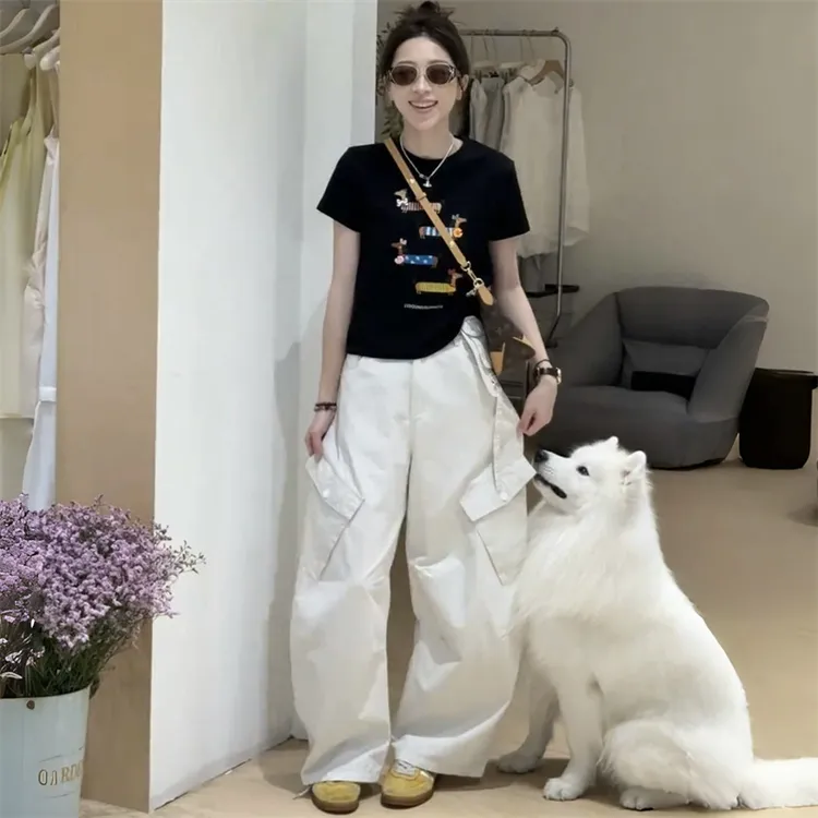 复古工装风后腰松紧设计口袋阔腿休闲裤女2025夏季新款洋气长裤潮