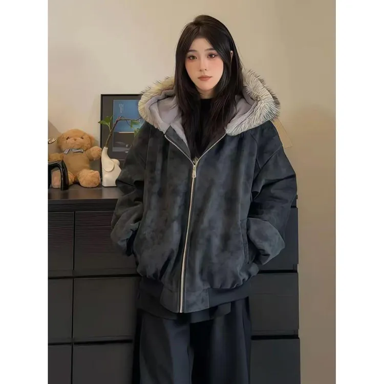 冬季新款大理石座山雕连帽绒毛棉衣外套美式潮牌PU皮加厚保暖棉服