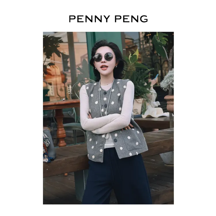 PENNYPENG 波点旧信 时尚无袖日系波点设计百搭圆领宽松马甲马夹 