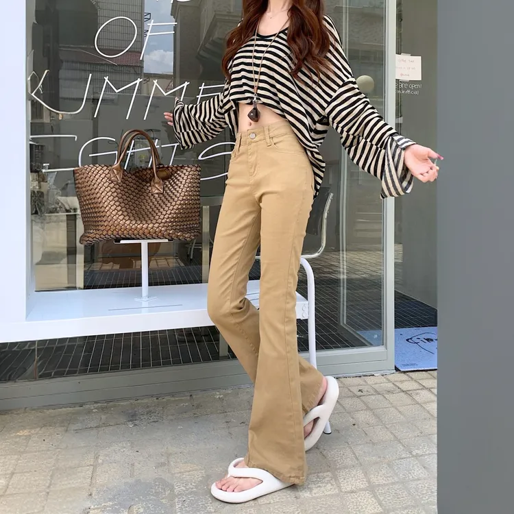 美式卡其色高腰微喇牛仔裤女春夏季新款弹力修身显瘦百搭喇叭裤子