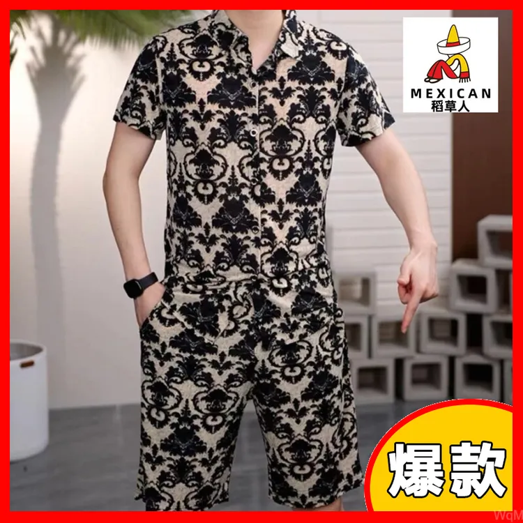 稻草人新款潮流爆款男士纽扣花半袖翻领休闲纹轻奢T恤短印花痞