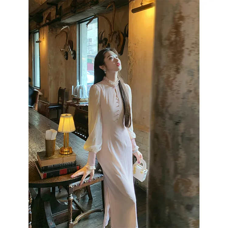 凌茜【书辞】新中式雪纺镂空改良旗袍女春夏泡泡袖旗袍修身连衣裙