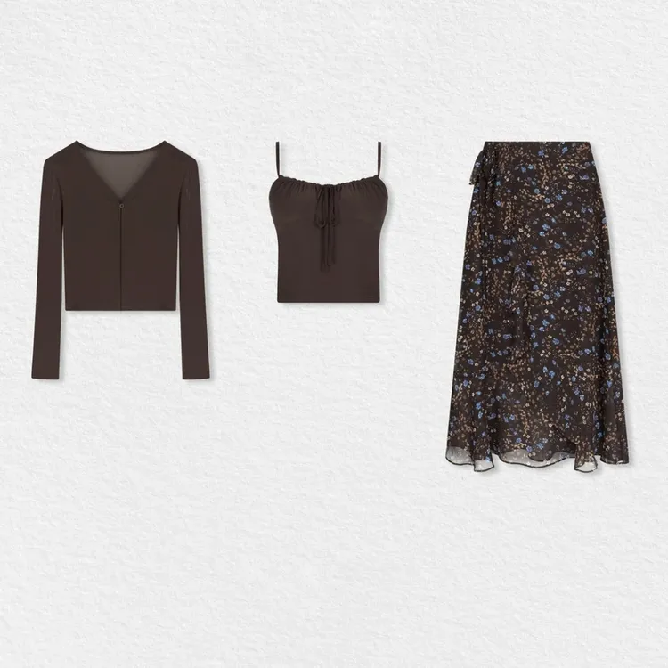 长袖V领单排扣针织开衫吊带背心+高腰碎花半身裙夏季穿搭一整套