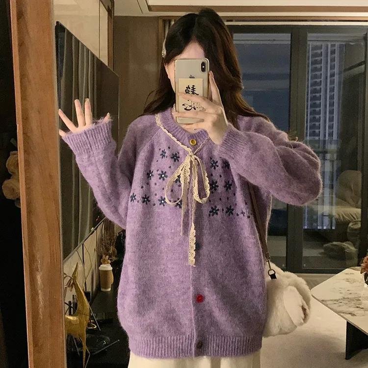 秋季宽松型拼接保暖女法式短外套外套复古加厚韩版刺绣花朵针织女