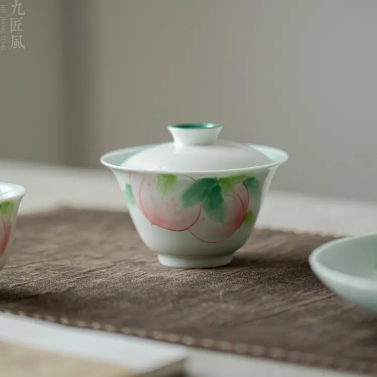 手绘玉泥盖碗釉下彩蜜桃松石绿泡茶器家用高档功夫茶具陶瓷敬茶碗