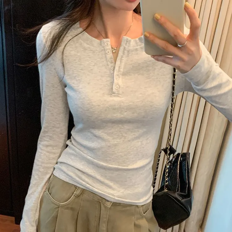 【现货+运费险】打底衫女春秋半开领修身甜辣内搭上衣简约长袖T恤