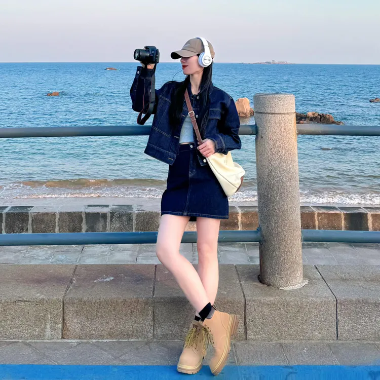 港味复古风原牛深蓝牛仔套装女春秋新款美式休闲外套半身裙两件套