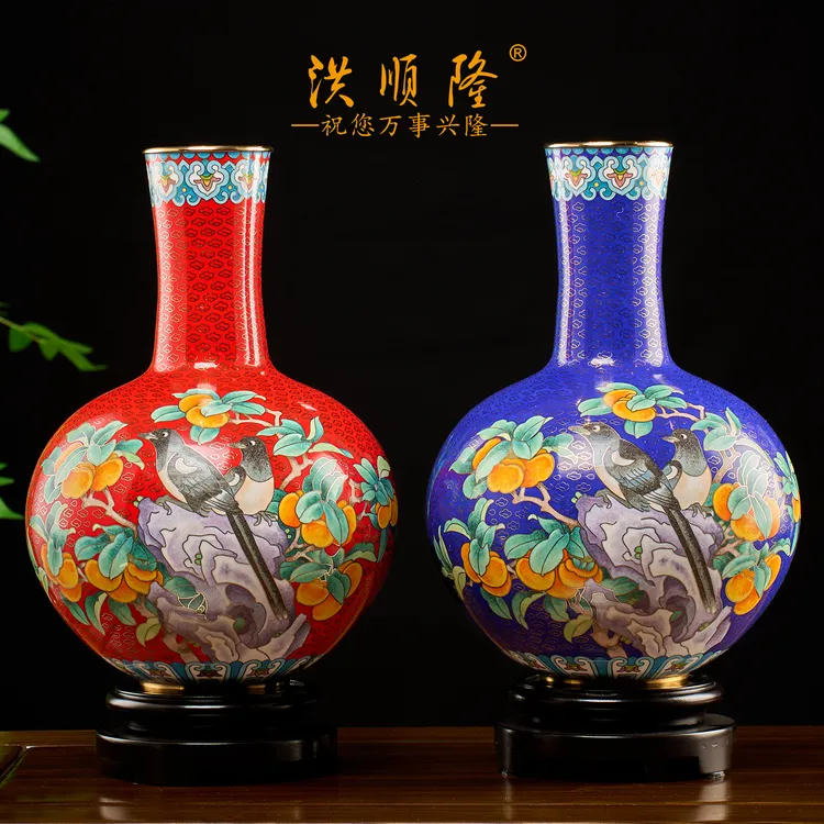 洪顺隆喜事盈门天球瓶戴嘉林景泰蓝小花瓶净高约28厘米肚径18厘米