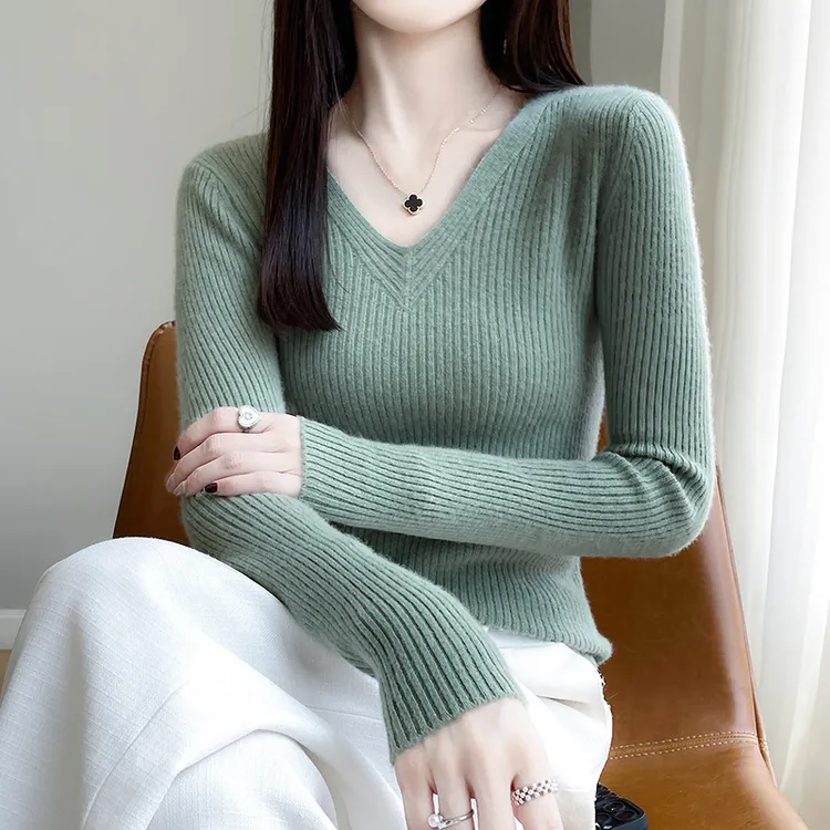 【100%纯羊毛】秋冬V领毛针织衫女减龄针织打底毛衫显瘦百搭针织衫