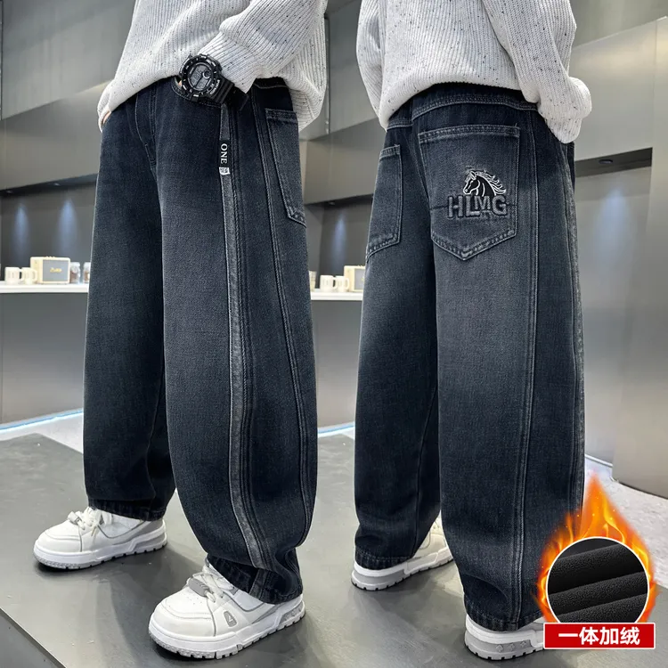 男童冬装裤子儿童加绒牛仔裤2025新款冬季中大童休闲裤一体绒男孩