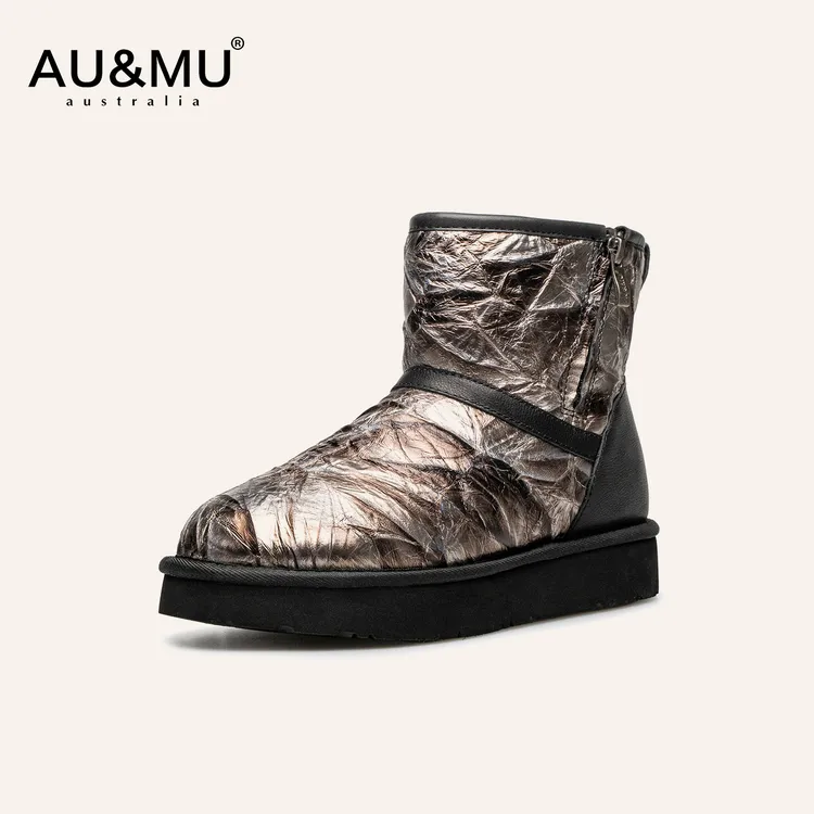 AUMU澳洲皮毛一体雪地靴女时尚金属风防水防风中筒靴东北棉靴3009