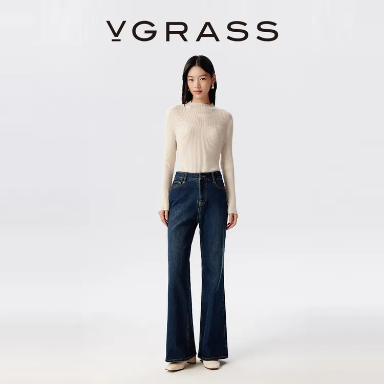 VGRASS25秋冬新款百搭时髦温暖加绒休闲喇叭裤牛仔裤女
